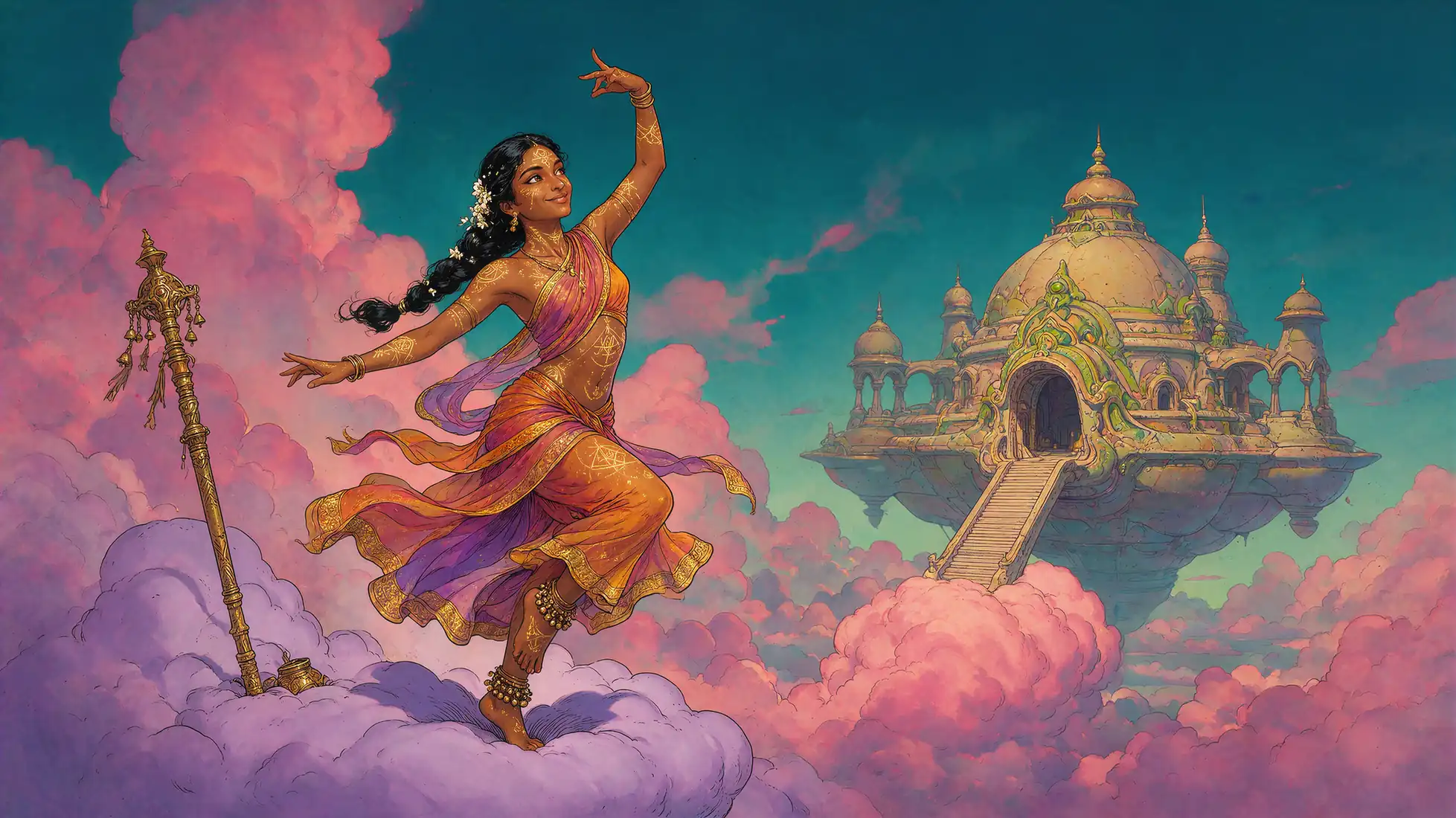 Celestial South Asian dancer on pink clouds before a floating Mughal-style palace