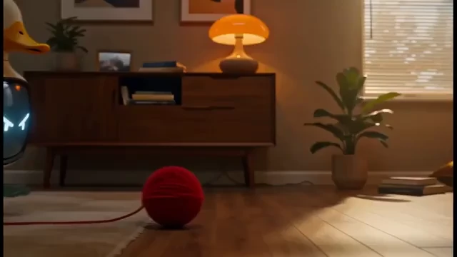 MiniMax H3 first frame: red yarn ball rolling in a sunlit living room