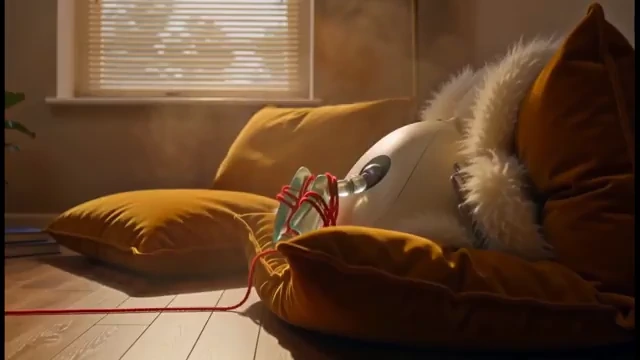 MiniMax H3 last frame: white fur-trimmed device tied with red cord on yellow cushions