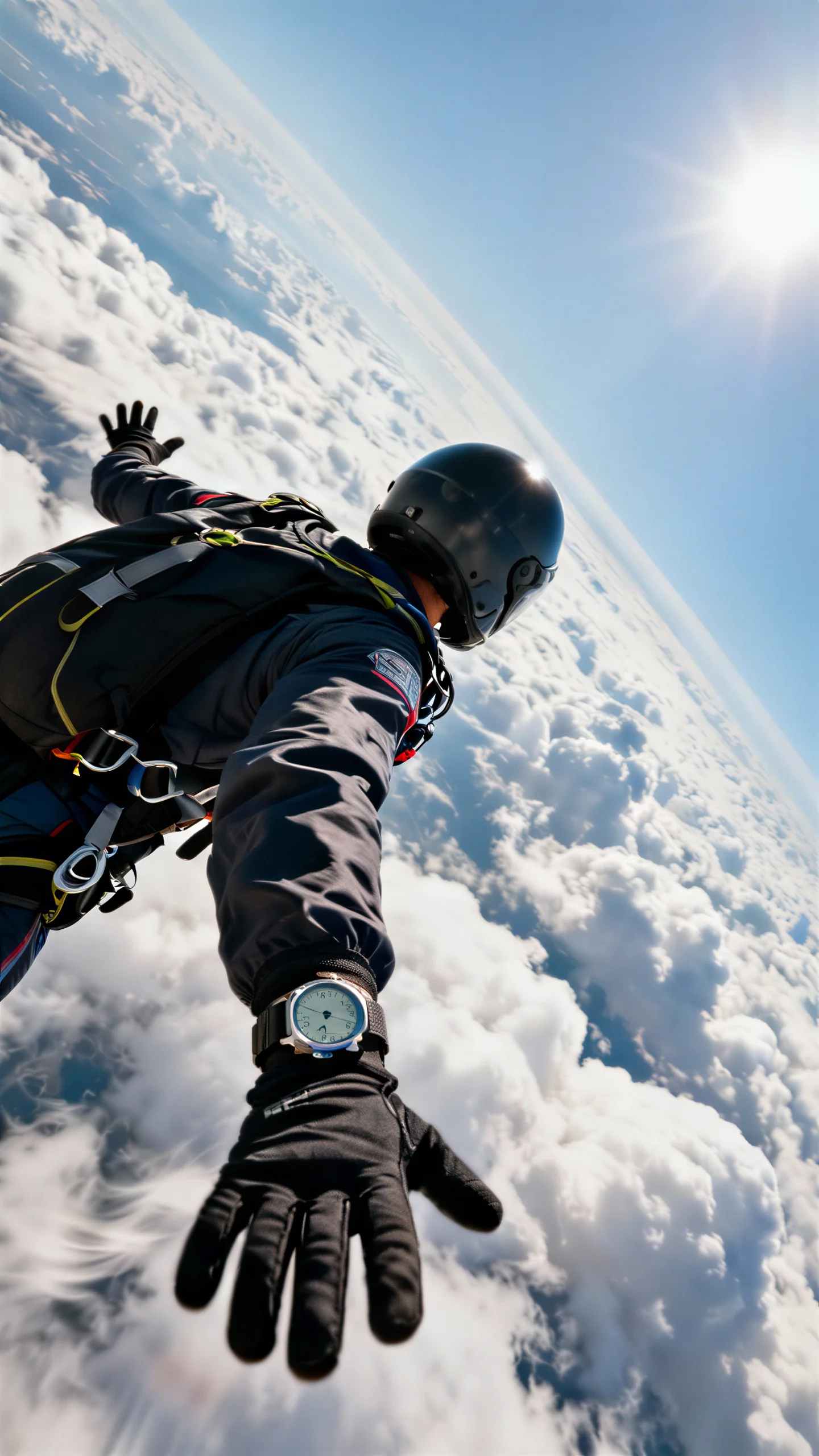 Skydiver in freefall with an action camera locked on his face